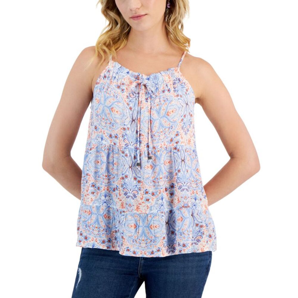 Hippie Rose Juniors' Printed Tiered Tie-Neck Top